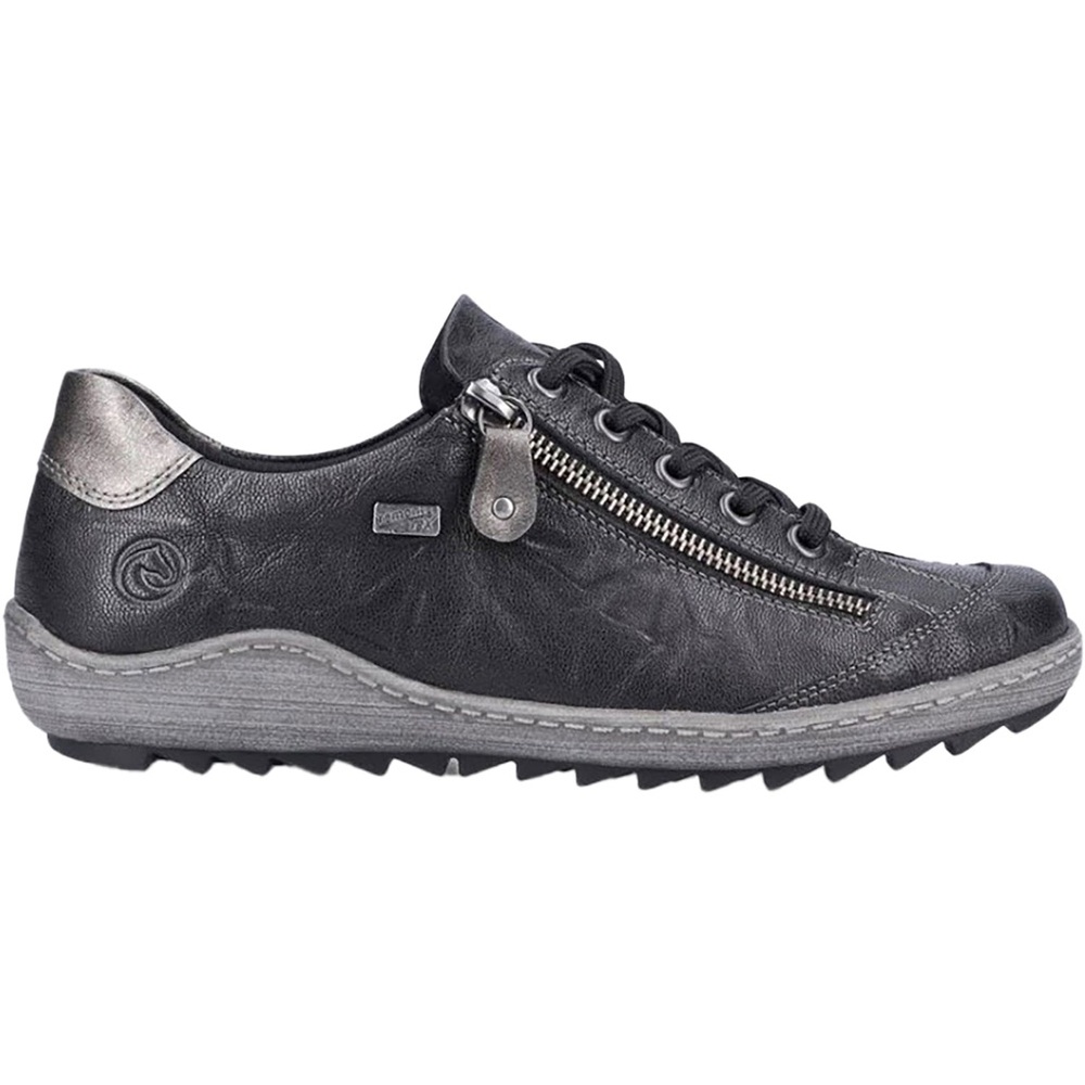 Remonte Black Leather Women's Shoes with Laces and Side Zipper